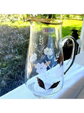 Hand Blown Toscany Glass Pitcher 10" Gold Rim & Floral Design Made In Romania